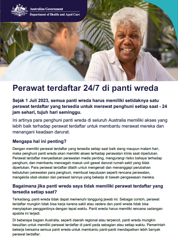 Lembar fakta ini membantu lansia, keluarga, dan pengasuhnya untuk memahami tanggung jawab perawat terdaftar 24/7 dalam perawatan lansia hunian.