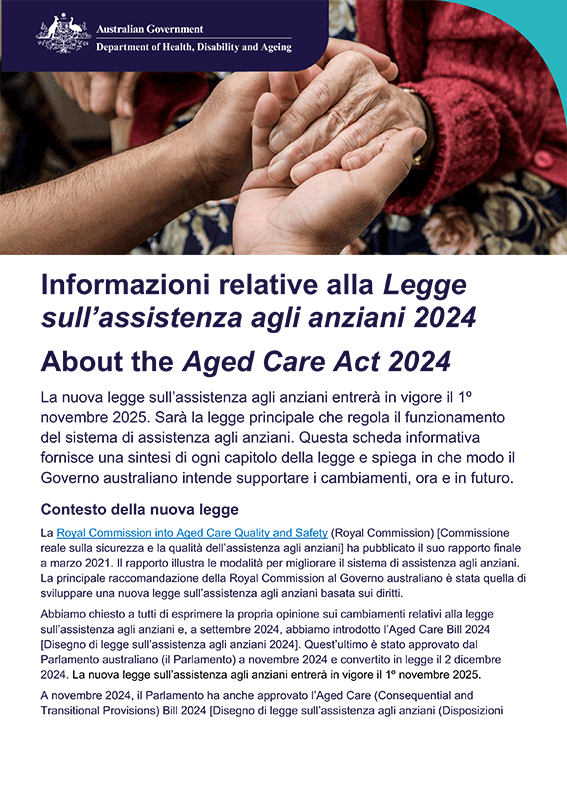 Scheda informativa in linguaggio semplice “Informazioni relative alla Legge sull’assistenza agli anziani 2024” – Italiano