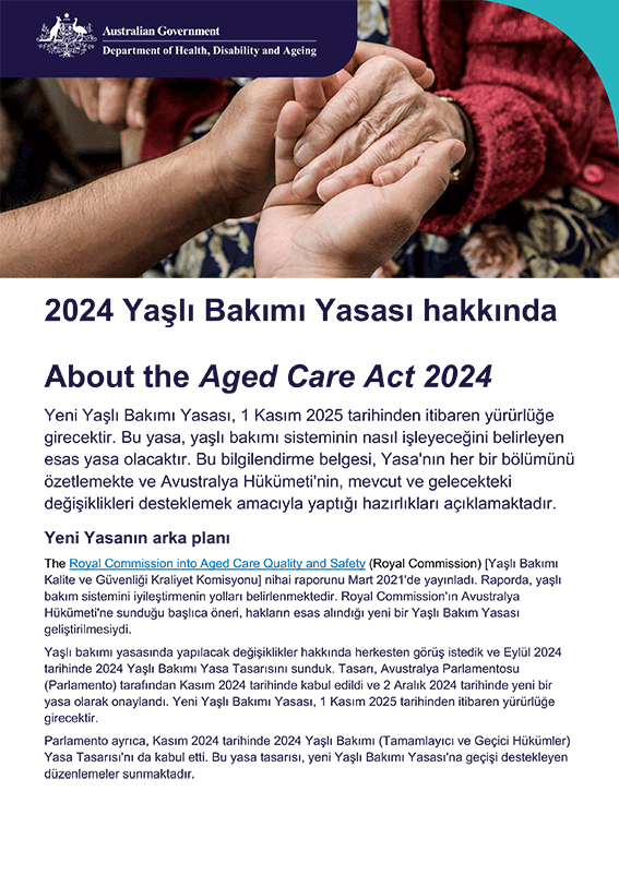 2024 Yaşlı Bakımı Yasası hakkında yalın dilde hazırlanmış bilgilendirme kılavuzu - Türkçe