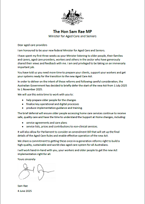 Cover image of the open letter to aged care providers from the Minister for Aged Care and Seniors