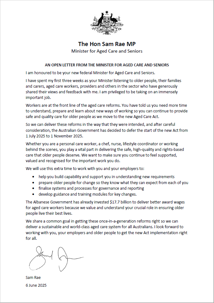 Cover image of the open letter to aged care workers from the Minister for Aged Care and Seniors