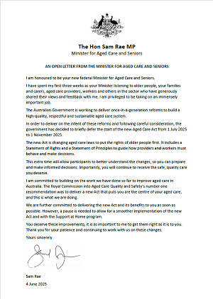 Cover image of the letter to older people from the Minister for Aged Care and Seniors