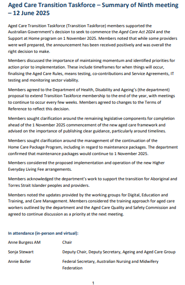 Aged Care Transition Taskforce – Summary of Ninth meeting (12 June 2025)