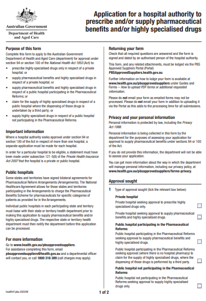 Cover page for the Application for a hospital authority to prescribe and or supply pharmaceutical benefits and or highly specialised drugs form
