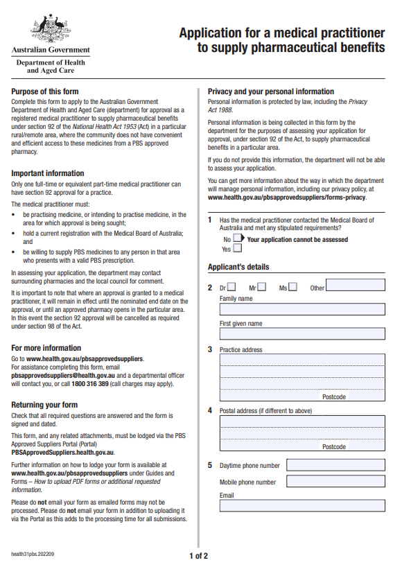 Cover page for the Application for a medical practitioner to supply pharmaceutical benefits form