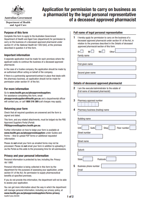 Cover page for Application for permission to carry on business as a pharmacist by the legal personal representative of a deceased approved pharmacist form