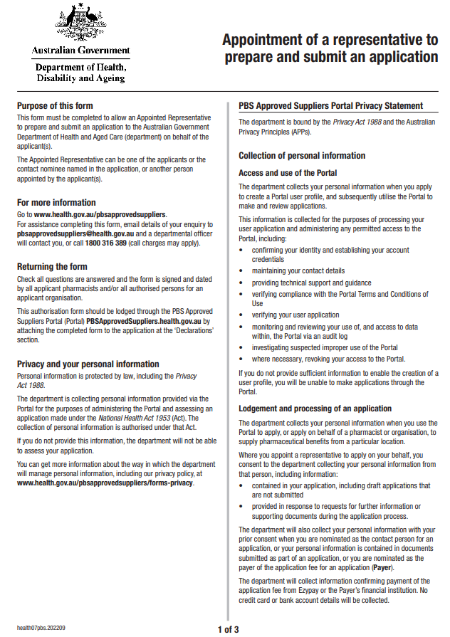 Cover page for the Appointment of a representative to prepare and submit an application