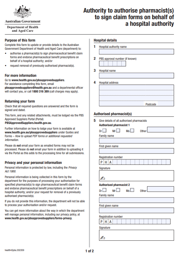Cover page for the Authority to authorise pharmacist(s) to sign claim forms on behalf of a hospital authority form