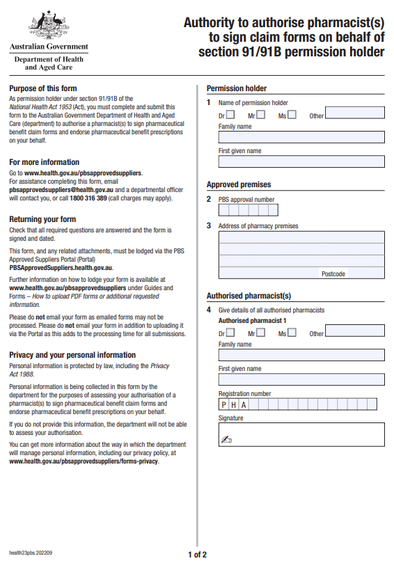 Cover page for the Authority to authorise pharmacist(s) to sign claim forms on behalf of section 91/91B permission holder form