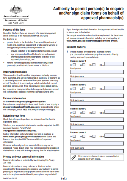 Cover page for the Authority to permit person(s) to enquire and/or sign claim forms on behalf of approved pharmacist(s) form