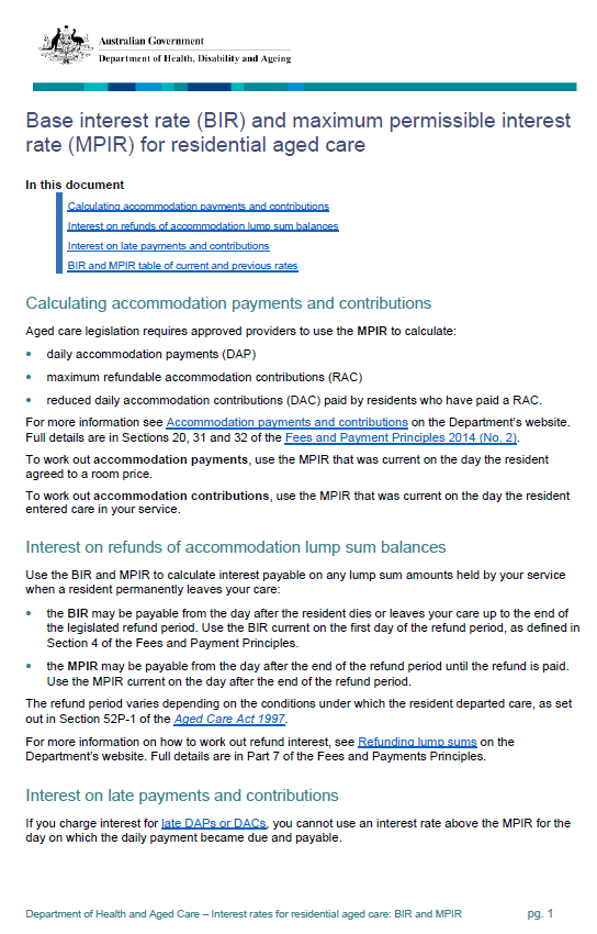 Cover page image for Base interest rate (BIR) and maximum permissible interest rate (MPIR) for residential aged care