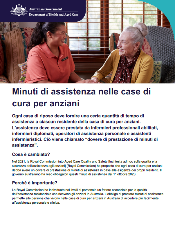 Questo foglio informativo aiuta le persone anziane, le loro famiglie e gli assistenti a comprendere il requisito dei minuti di assistenza per le case di cura per anziani.