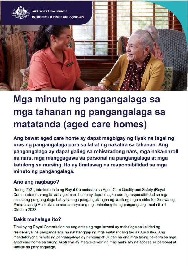 Ang papel pangkaalaman na ito ay tumutulong sa mga nakatatanda, kanilang mga pamilya, at mga tagapag-alaga na maunawaan ang kinakailangang care minutes sa mga bahay-alagaan para sa nakatatanda.