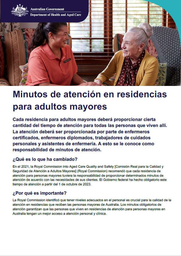 Esta hoja informativa ayuda a las personas mayores, sus familias y cuidadores a comprender el requisito de minutos de atención en residencias de cuidados para personas mayores.