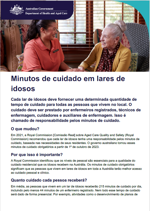 Esta folha informativa ajuda as pessoas idosas, suas famílias e cuidadores a compreender os requisitos de minutos de cuidado em lares de idosos.