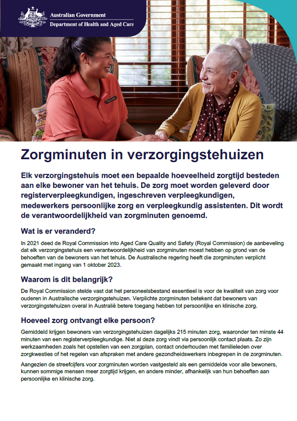 Dit informatieblad geeft ouderen en hun familieleden en verzorgers uitleg over het voorschrift voor zorgminuten in verzorgingstehuizen.