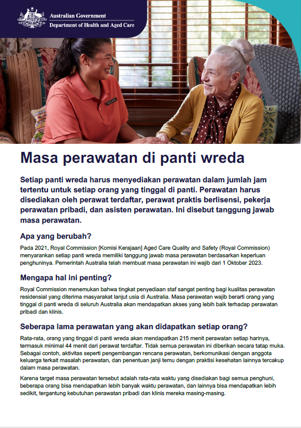 Lembar fakta ini membantu lansia, keluarga, dan pengasuhnya memahami ketentuan jam wajib rawat di perawatan lansia hunian.