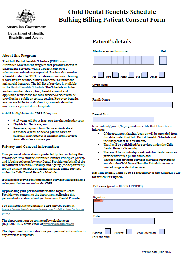 Cove image of the Child Dental Benefits Schedule – Patient Consent Form