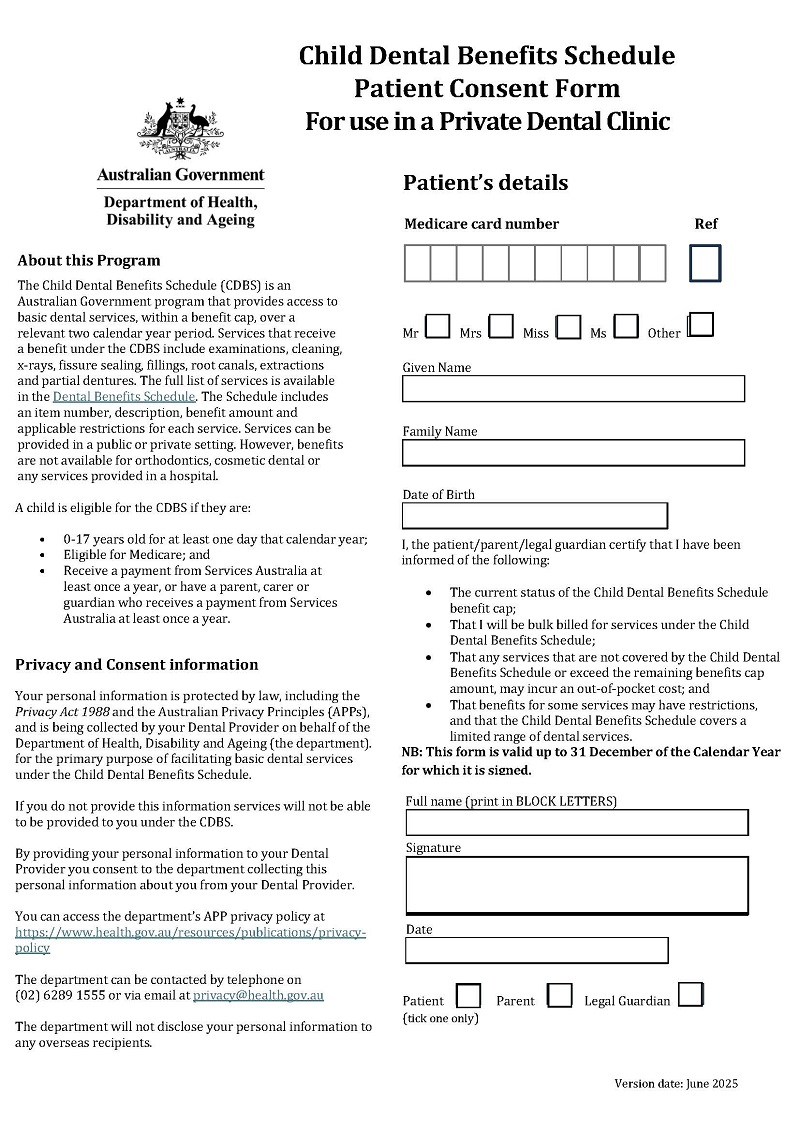 Image of the Child Dental Benefits Schedule – Patient Consent Form