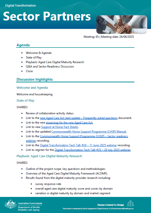 Cover page for the Digital Transformation Sector Partners meeting summary – 26 June 2025