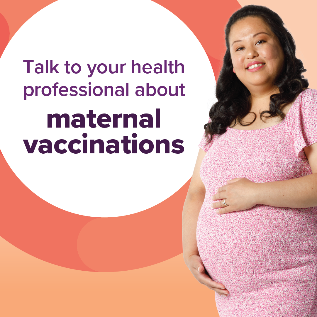 Social media tile about talking to your heath professional about maternal vaccinations.