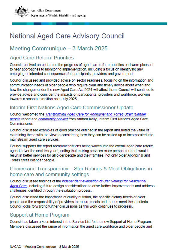 National Aged Care Advisory Council Meeting Communique – 3 March 2025