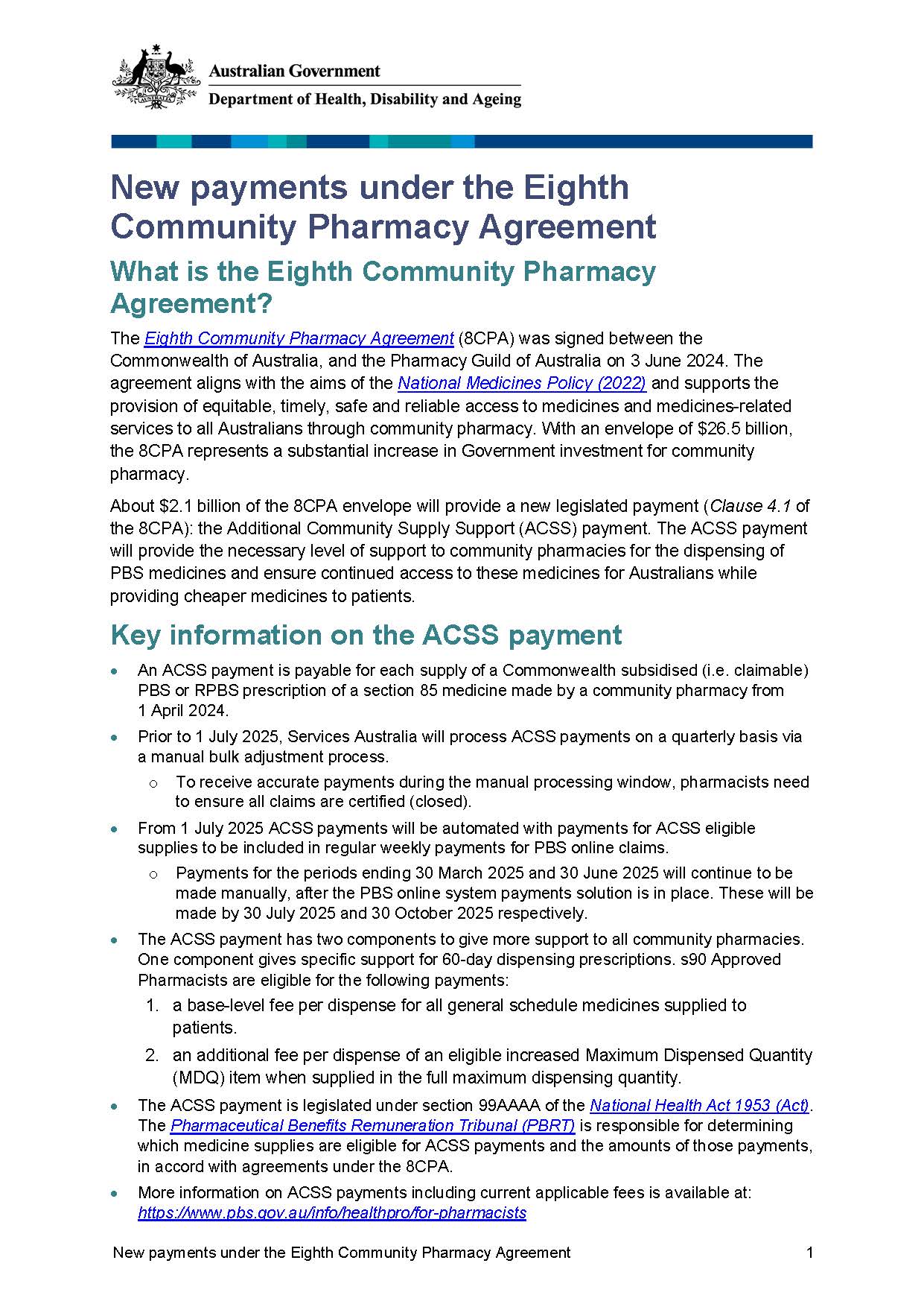 Cover image of the New payments under the Eighth Community Pharmacy Agreement