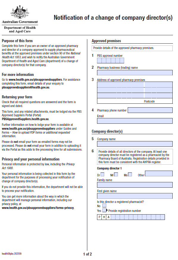 Cover page for the Notification of a change of company director(s) form
