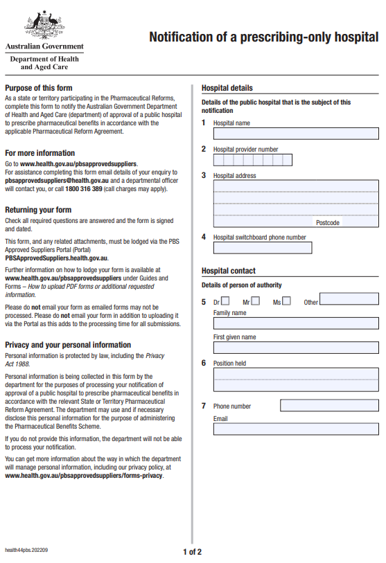 Cover image for the Notification of a prescribing-only hospital form