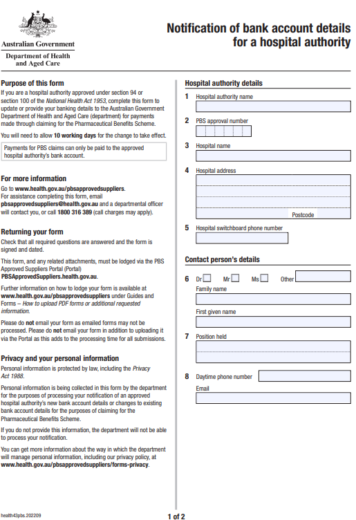 Cover image for the Notification of bank account details for a hospital authority form