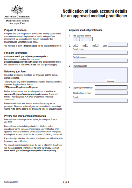 Cover page for the Notification of bank account details for an approved medical practitioner form