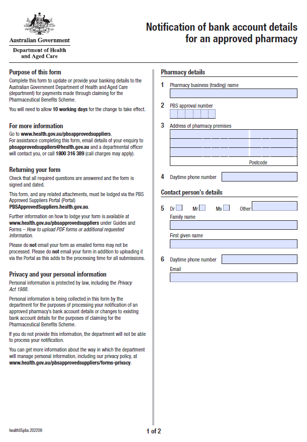 Notification of bank account details for an approved pharmacy form
