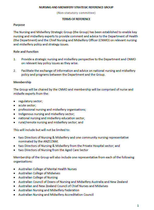 Nursing and Midwifery Strategic Reference Group (NMSRG) Terms of Reference cover page