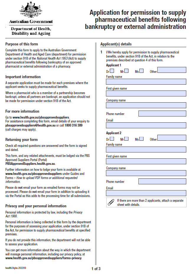 Cover image for the Application for permission to supply pharmaceutical benefits following bankruptcy or external administration