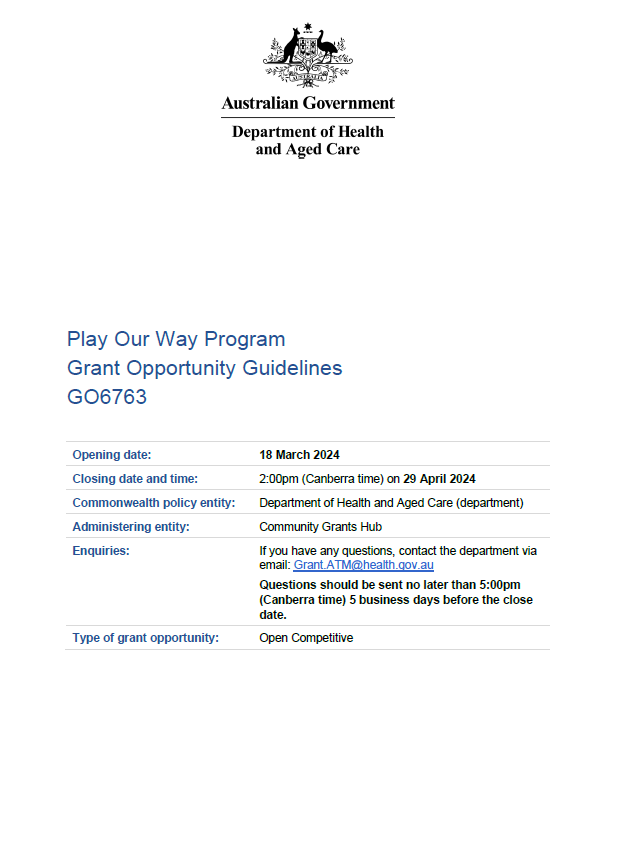 Cover page Play our way program grants guidelines
