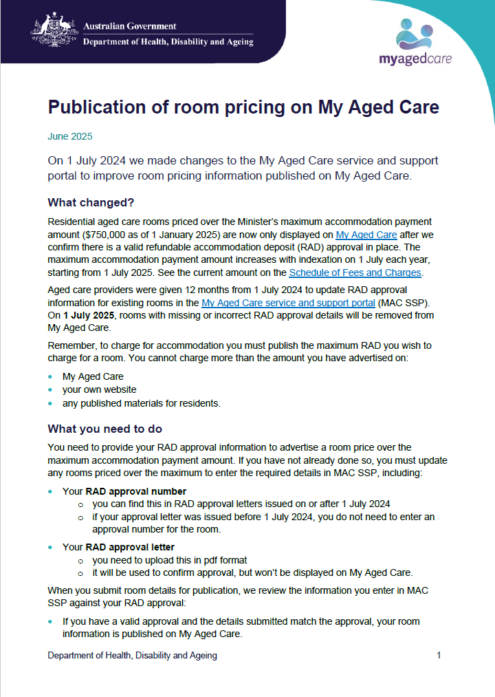 Publication of room prices on My Aged Care