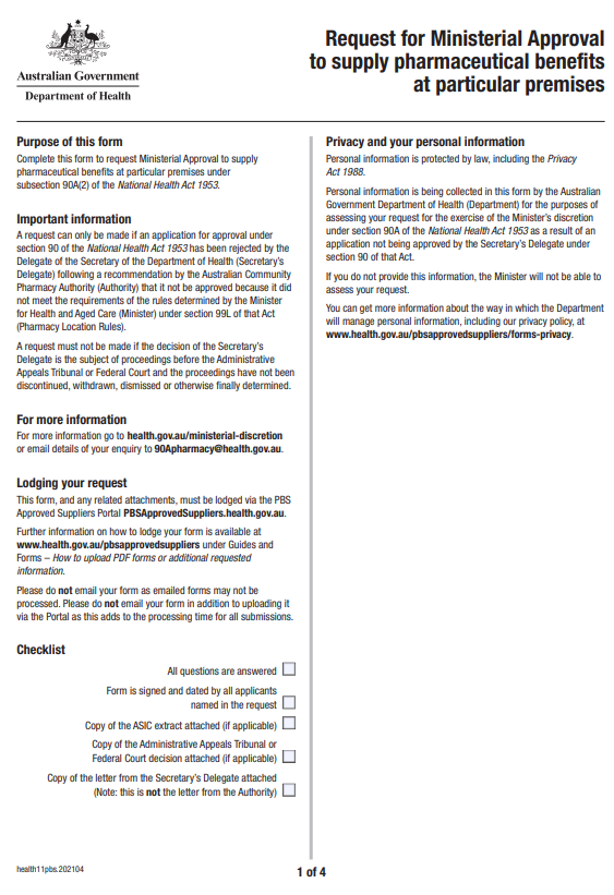Cover page of the Request for Ministerial Approval to supply pharmaceutical benefits at particular premises form