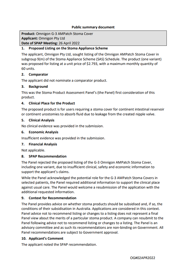 SPAP public summary document – April 2022 – Omnigon F3 AMPatch Stoma Cover
