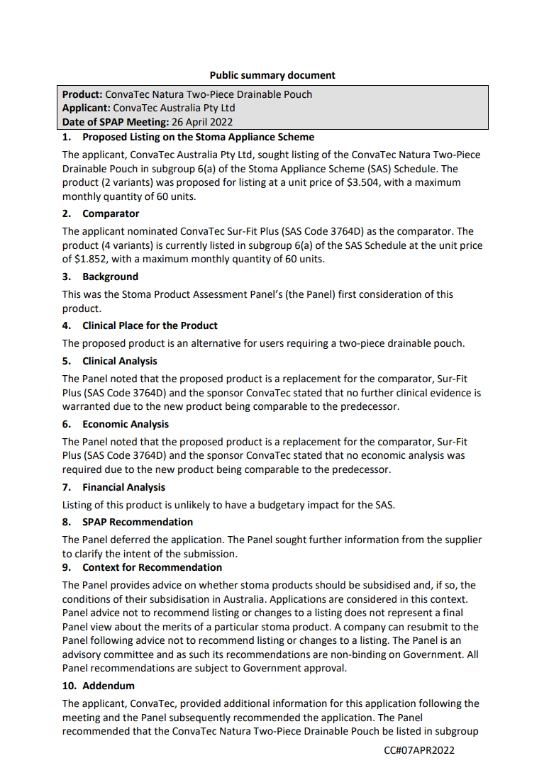 SPAP public summary documents – April 2022 – ConvaTec Natura Two-Piece Drainable Pouch