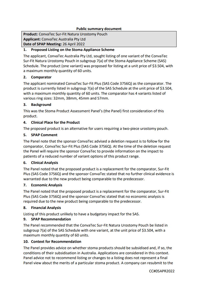 SPAP public summary documents – April 2022 – ConvaTec Sur-Fit Natura Urostomy Pouch