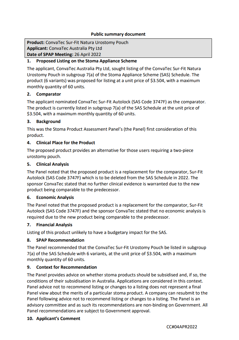SPAP public summary documents – April 2022 – ConvaTec Sur-Fit Natura Urostomy Pouch
