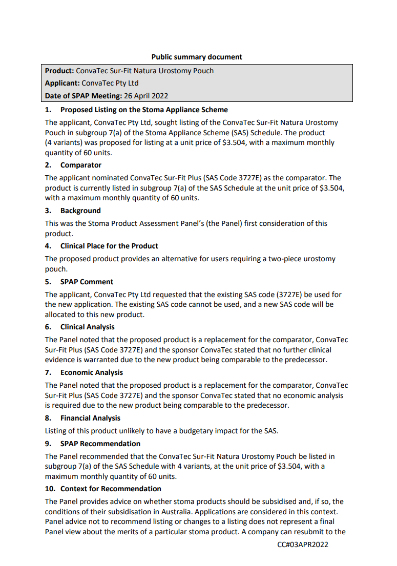 SPAP public summary documents – April 2022 – ConvaTec Sur-Fit Natura Urostomy Pouch