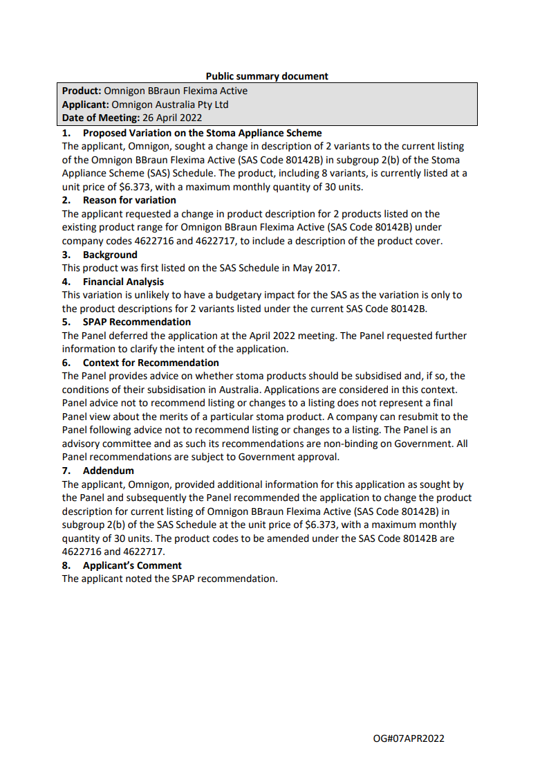 SPAP public summary documents – April 2022 – Omnigon BBraun Flexima Active – SAS Code 80142B