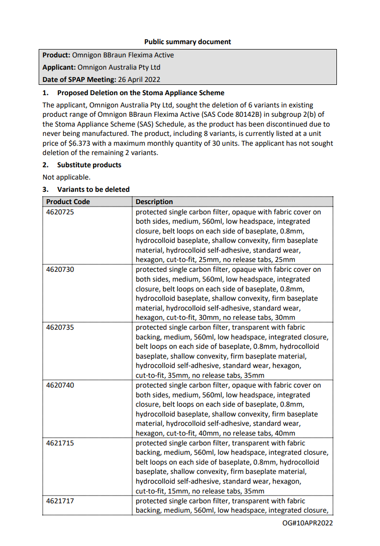 SPAP public summary documents – April 2022 – Omnigon BBraun Flexima Active (SAS Code 80142B)