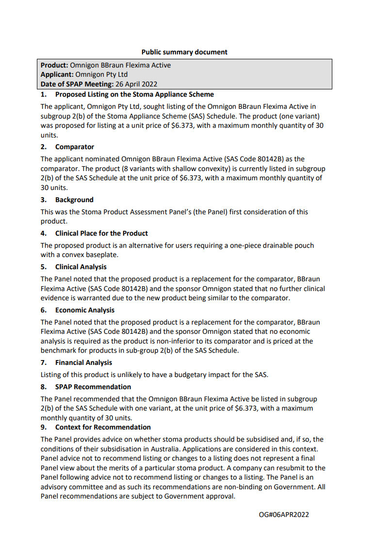 SPAP public summary documents – April 2022 – Omnigon BBraun Flexima Active