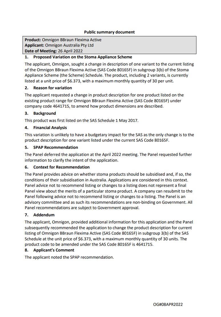 SPAP public summary documents – April 2022 – Omnigon BBraun Flexima Active