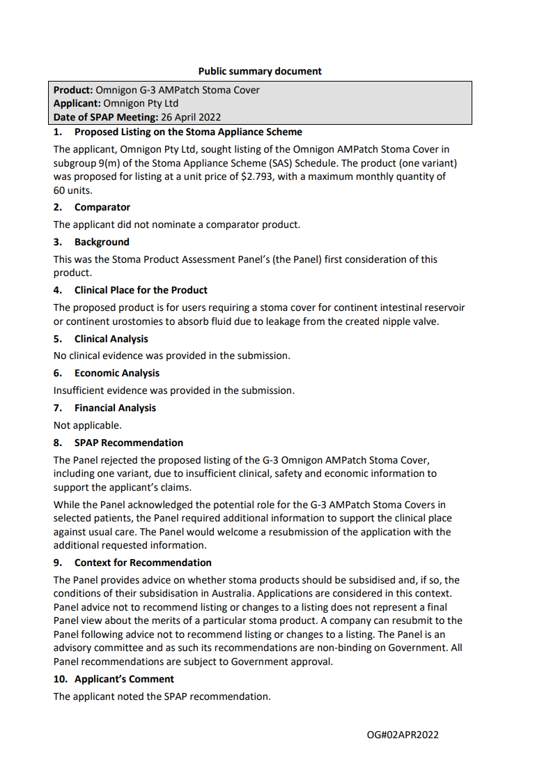 SPAP public summary documents – April 2022 – Omnigon F3 AMPatch Stoma Cover