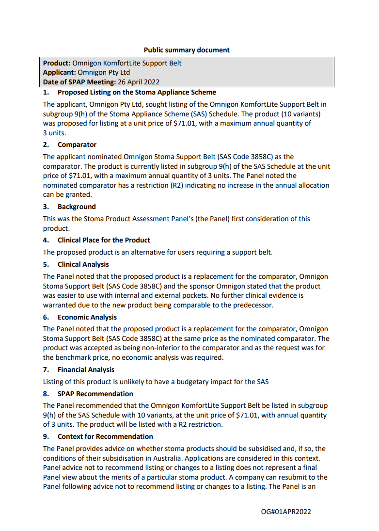SPAP public summary documents – April 2022 – Omnigon KomfortLite Support Belt
