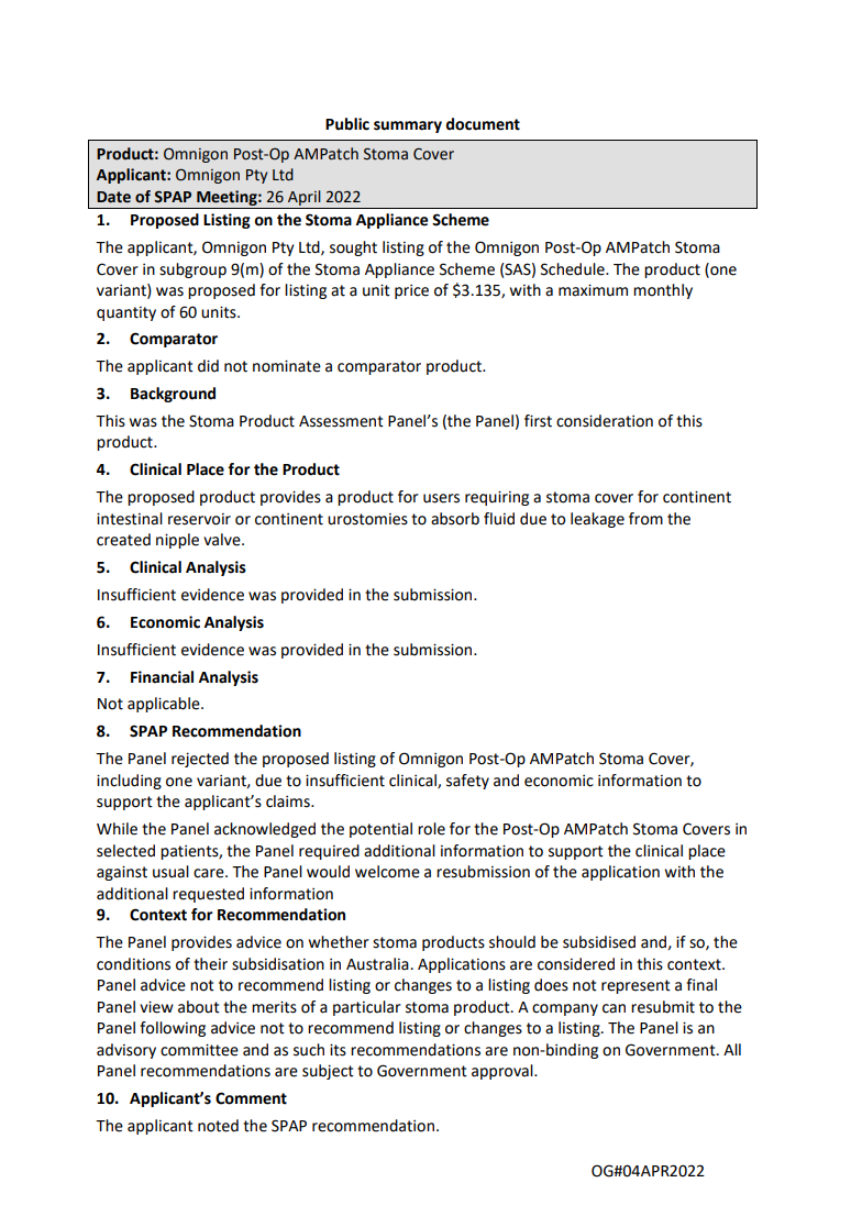 SPAP public summary documents – April 2022 – Omnigon Post-Op AMPatch Stoma Cover