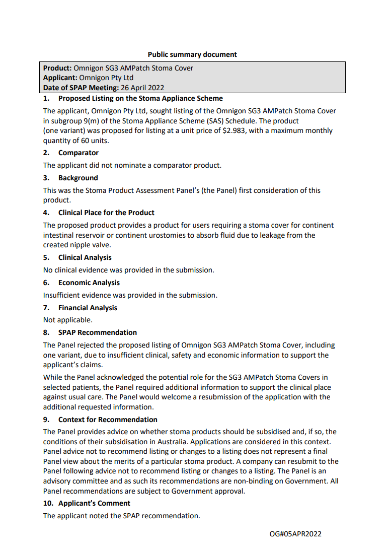 SPAP public summary documents – April 2022 – Omnigon SG3 AMPatch Stoma Cover